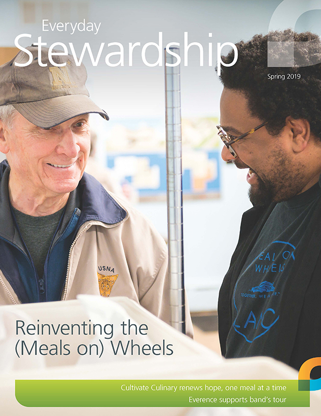 Kevin Ressler (elderly man with hat) of Meals on Wheels of Lancaster (Pennsylvania),  talks with volunteer Dan Cooper (man with glasses) Everyday Stewardship cover, spring 2019